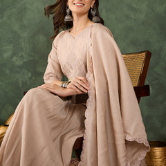 Women's Silk Embroidered Flared Kurta Pant & Chanderi Cotton Dupatta Set