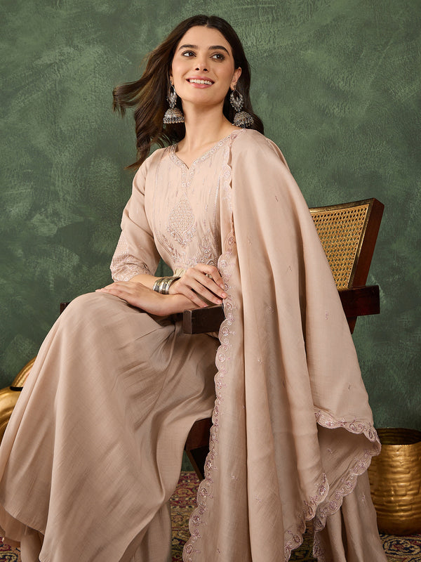 Women's Silk Embroidered Flared Kurta Pant & Chanderi Cotton Dupatta Set