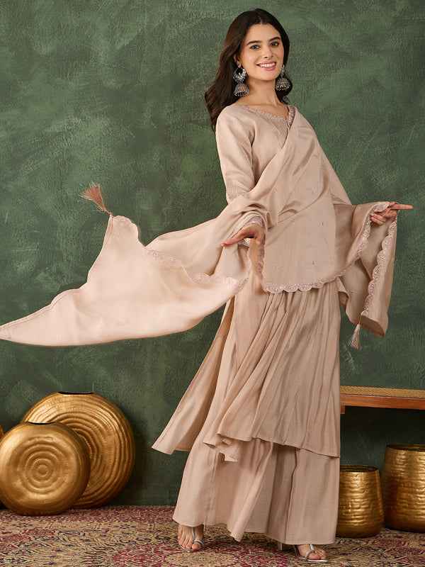 Women's Silk Embroidered Flared Kurta Pant & Chanderi Cotton Dupatta Set