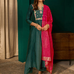 Women's Silk Slub Embroidered Flared Kurta Pant & Jacquard Zari Dupatta Set