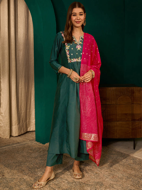 Women's Silk Slub Embroidered Flared Kurta Pant & Jacquard Zari Dupatta Set