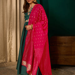 Women's Silk Slub Embroidered Flared Kurta Pant & Jacquard Zari Dupatta Set