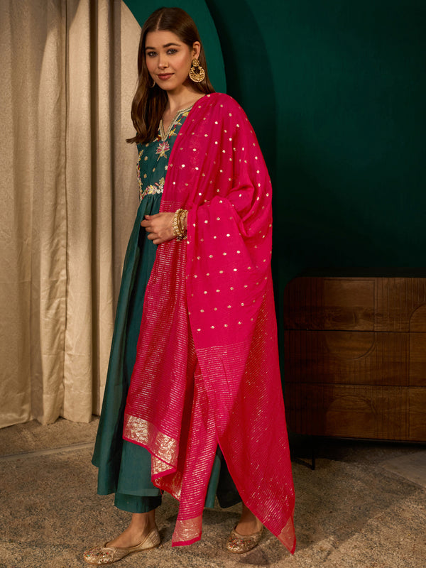Women's Silk Slub Embroidered Flared Kurta Pant & Jacquard Zari Dupatta Set