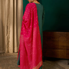 Women's Silk Slub Embroidered Flared Kurta Pant & Jacquard Zari Dupatta Set