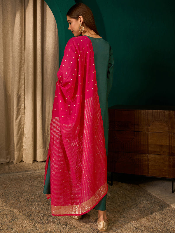Women's Silk Slub Embroidered Flared Kurta Pant & Jacquard Zari Dupatta Set