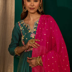 Women's Silk Slub Embroidered Flared Kurta Pant & Jacquard Zari Dupatta Set