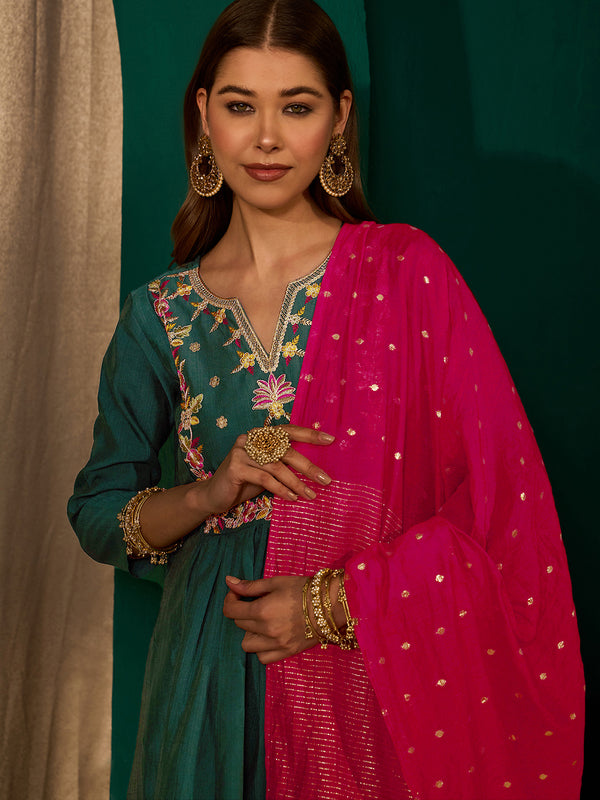 Women's Silk Slub Embroidered Flared Kurta Pant & Jacquard Zari Dupatta Set