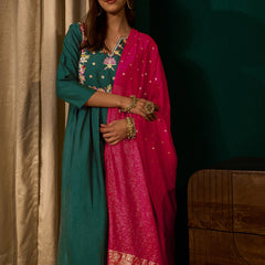 Women's Silk Slub Embroidered Flared Kurta Pant & Jacquard Zari Dupatta Set
