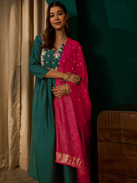 Women's Silk Slub Embroidered Flared Kurta Pant & Jacquard Zari Dupatta Set