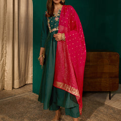 Women's Silk Slub Embroidered Flared Kurta Pant & Jacquard Zari Dupatta Set
