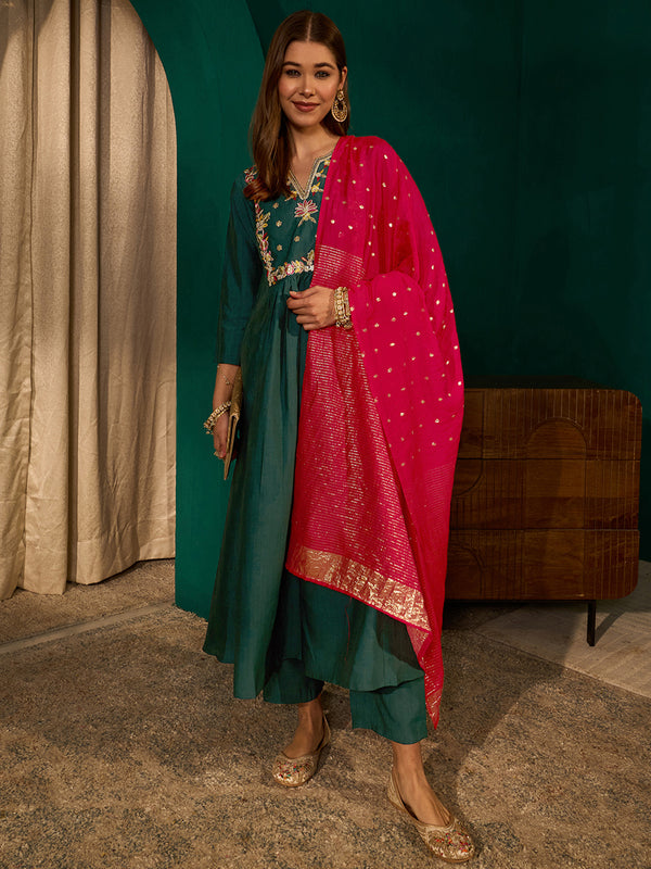 Women's Silk Slub Embroidered Flared Kurta Pant & Jacquard Zari Dupatta Set