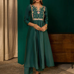 Women's Silk Slub Embroidered Flared Kurta Pant & Jacquard Zari Dupatta Set