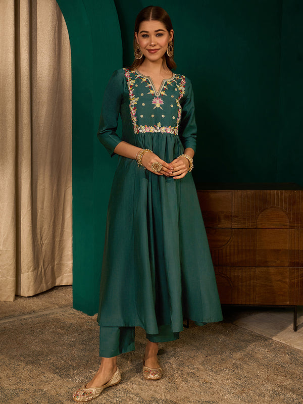 Women's Silk Slub Embroidered Flared Kurta Pant & Jacquard Zari Dupatta Set