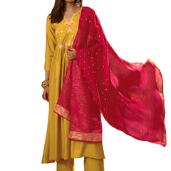 Women's Silk Slub Embroidered Flared Kurta Pant & Jacquard Zari Dupatta Set