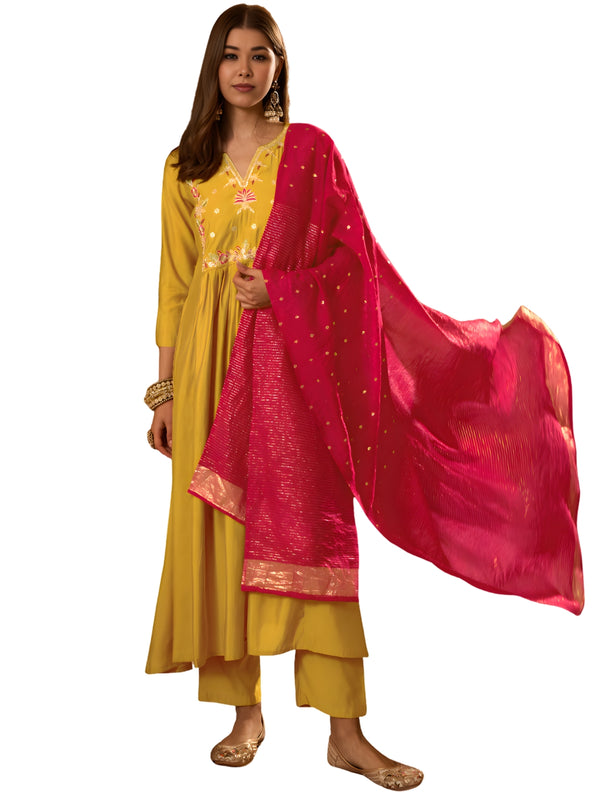 Women's Silk Slub Embroidered Flared Kurta Pant & Jacquard Zari Dupatta Set