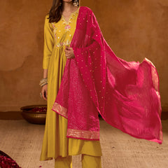 Women's Silk Slub Embroidered Flared Kurta Pant & Jacquard Zari Dupatta Set