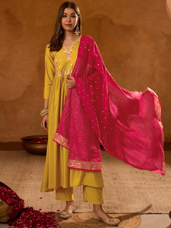 Women's Silk Slub Embroidered Flared Kurta Pant & Jacquard Zari Dupatta Set