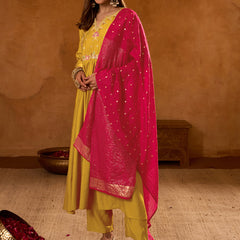 Women's Silk Slub Embroidered Flared Kurta Pant & Jacquard Zari Dupatta Set