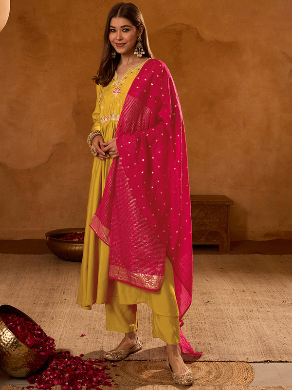 Women's Silk Slub Embroidered Flared Kurta Pant & Jacquard Zari Dupatta Set
