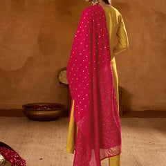 Women's Silk Slub Embroidered Flared Kurta Pant & Jacquard Zari Dupatta Set