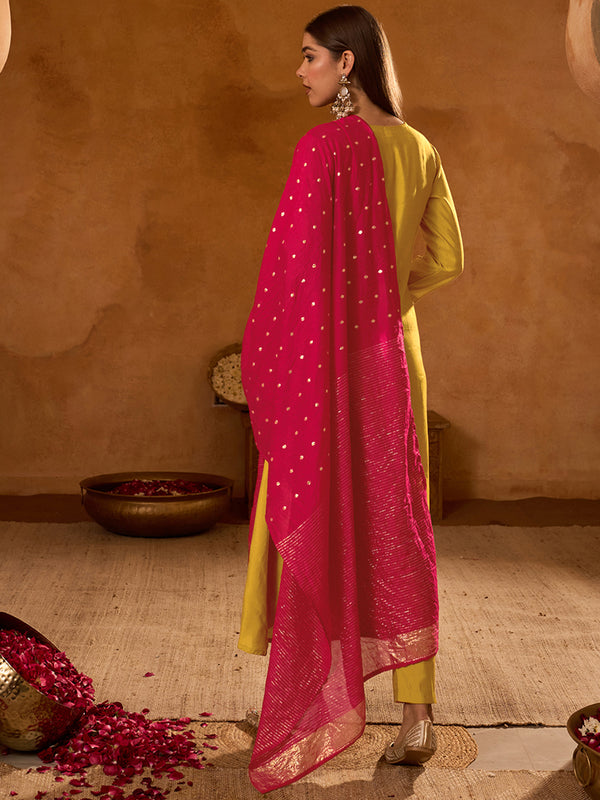 Women's Silk Slub Embroidered Flared Kurta Pant & Jacquard Zari Dupatta Set