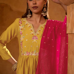 Women's Silk Slub Embroidered Flared Kurta Pant & Jacquard Zari Dupatta Set