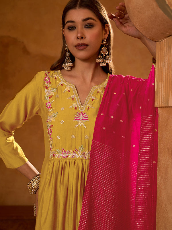 Women's Silk Slub Embroidered Flared Kurta Pant & Jacquard Zari Dupatta Set