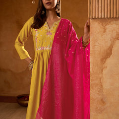 Women's Silk Slub Embroidered Flared Kurta Pant & Jacquard Zari Dupatta Set