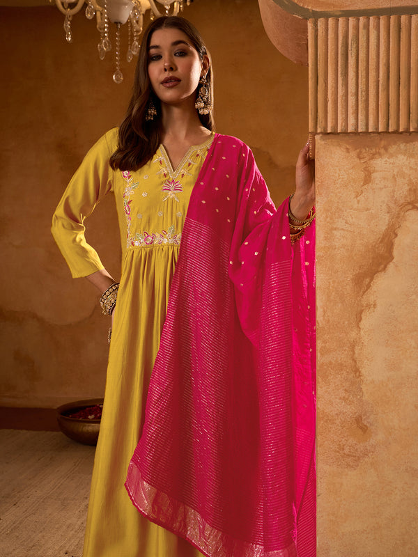 Women's Silk Slub Embroidered Flared Kurta Pant & Jacquard Zari Dupatta Set