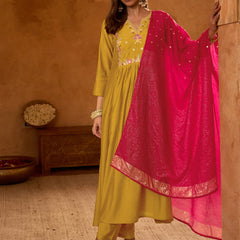 Women's Silk Slub Embroidered Flared Kurta Pant & Jacquard Zari Dupatta Set