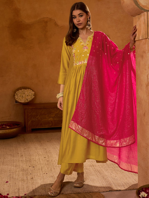 Women's Silk Slub Embroidered Flared Kurta Pant & Jacquard Zari Dupatta Set
