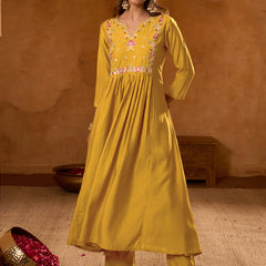 Women's Silk Slub Embroidered Flared Kurta Pant & Jacquard Zari Dupatta Set