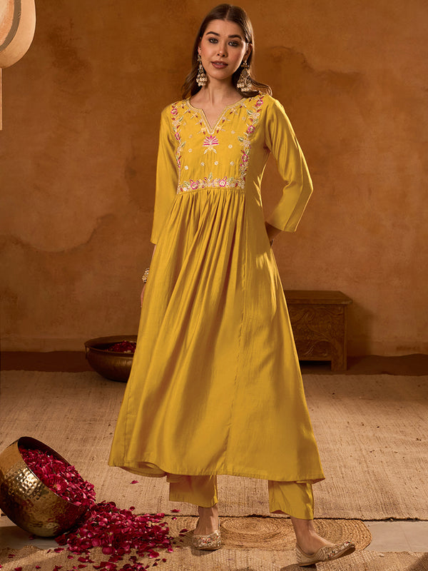 Women's Silk Slub Embroidered Flared Kurta Pant & Jacquard Zari Dupatta Set