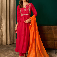 Women's Silk Slub Embroidered Flared Kurta Pant & Jacquard Zari Dupatta Set