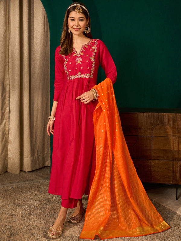 Women's Silk Slub Embroidered Flared Kurta Pant & Jacquard Zari Dupatta Set