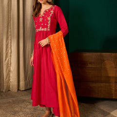Women's Silk Slub Embroidered Flared Kurta Pant & Jacquard Zari Dupatta Set