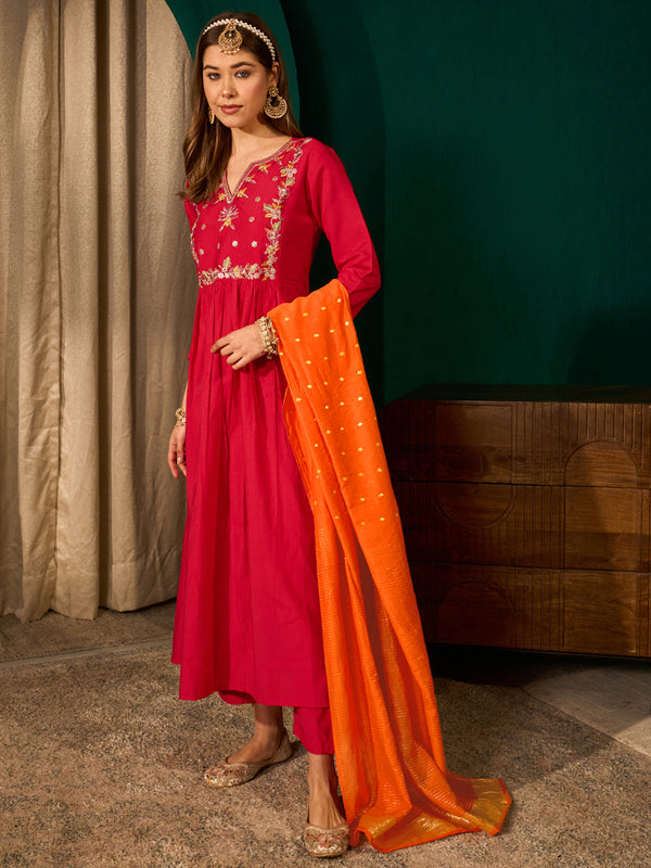 Women's Silk Slub Embroidered Flared Kurta Pant & Jacquard Zari Dupatta Set