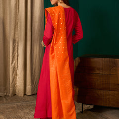 Women's Silk Slub Embroidered Flared Kurta Pant & Jacquard Zari Dupatta Set