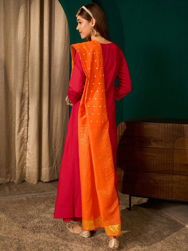 Women's Silk Slub Embroidered Flared Kurta Pant & Jacquard Zari Dupatta Set