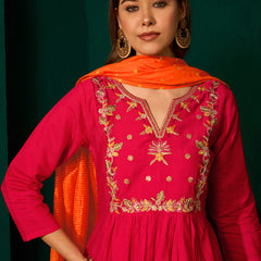 Women's Silk Slub Embroidered Flared Kurta Pant & Jacquard Zari Dupatta Set
