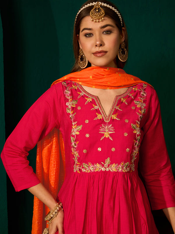 Women's Silk Slub Embroidered Flared Kurta Pant & Jacquard Zari Dupatta Set