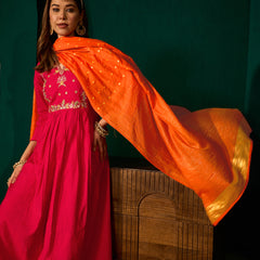 Women's Silk Slub Embroidered Flared Kurta Pant & Jacquard Zari Dupatta Set