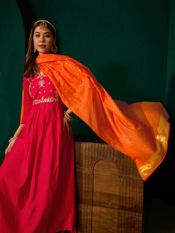 Women's Silk Slub Embroidered Flared Kurta Pant & Jacquard Zari Dupatta Set