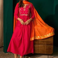 Women's Silk Slub Embroidered Flared Kurta Pant & Jacquard Zari Dupatta Set
