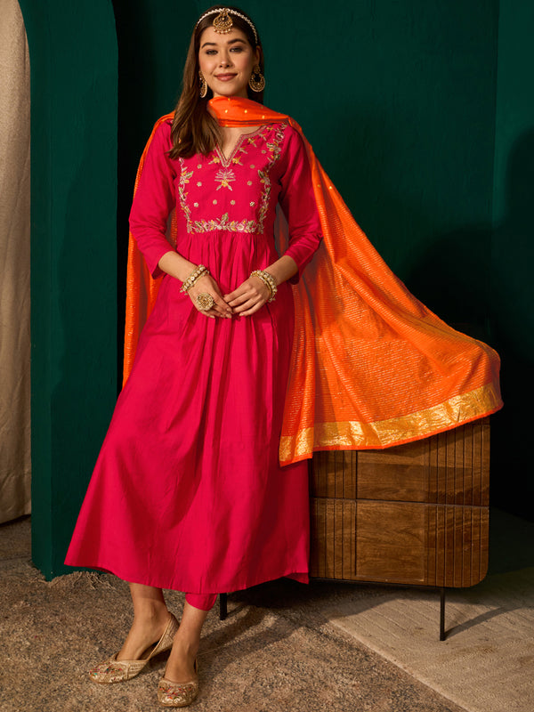 Women's Silk Slub Embroidered Flared Kurta Pant & Jacquard Zari Dupatta Set