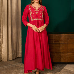 Women's Silk Slub Embroidered Flared Kurta Pant & Jacquard Zari Dupatta Set