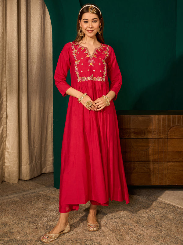 Women's Silk Slub Embroidered Flared Kurta Pant & Jacquard Zari Dupatta Set