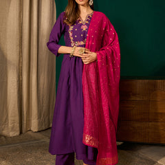 Women's Silk Slub Embroidered Flared Kurta Pant & Jacquard Zari Dupatta Set