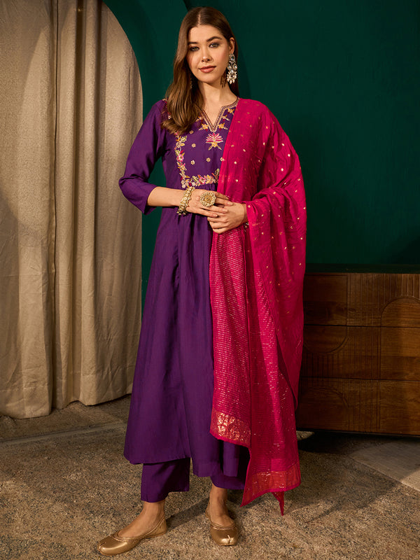 Women's Silk Slub Embroidered Flared Kurta Pant & Jacquard Zari Dupatta Set