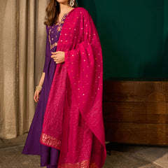 Women's Silk Slub Embroidered Flared Kurta Pant & Jacquard Zari Dupatta Set